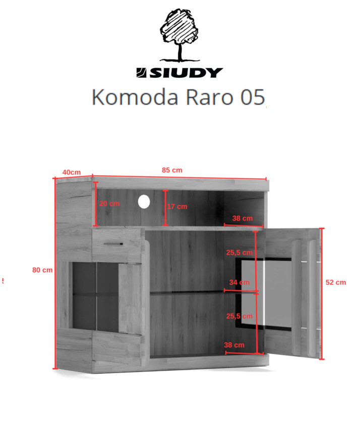 Komoda Raro RE-05, dwudrzwiowa z wnęką, przeszklona, front dąb lity olejowany, SIUDY