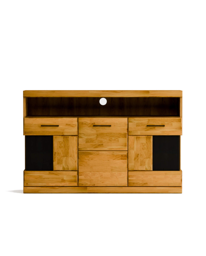 Komoda Raro RE-13, trzydrzwiowa z wnęką, przeszklona, front dąb lity olejowany, SIUDY