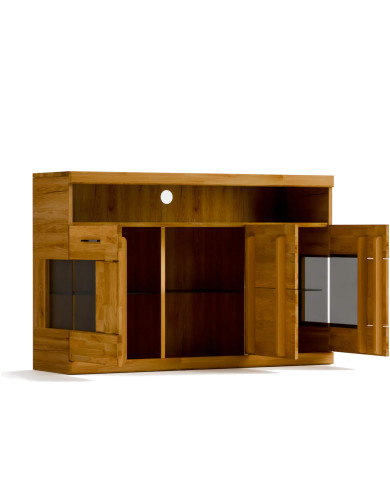 Komoda Raro RE-13, trzydrzwiowa z wnęką, przeszklona, front dąb lity olejowany, SIUDY