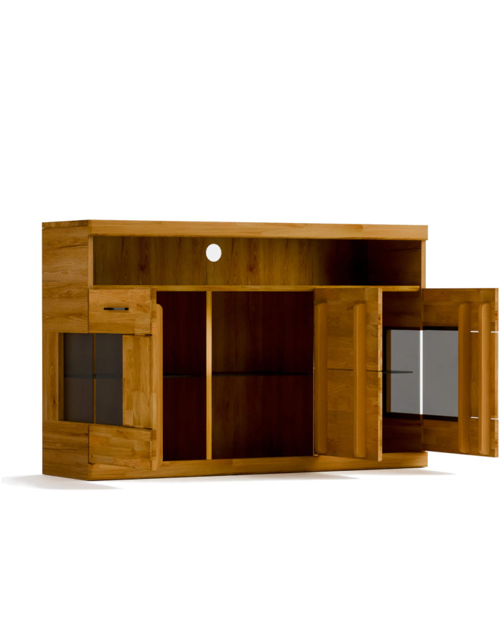 Komoda Raro RE-13, trzydrzwiowa z wnęką, przeszklona, front dąb lity olejowany, SIUDY