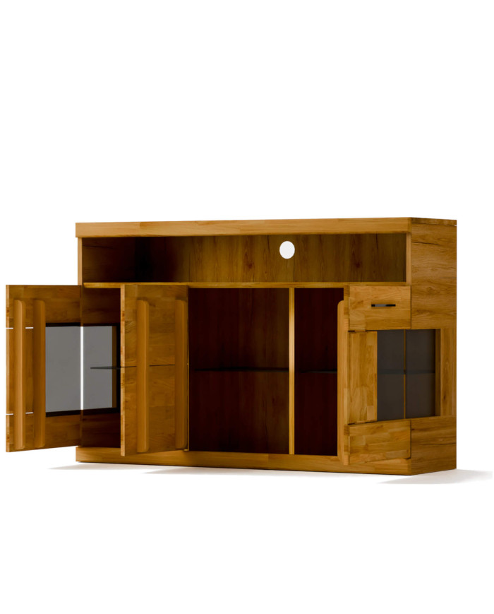 Komoda Raro RE-13, trzydrzwiowa z wnęką, przeszklona, front dąb lity olejowany, SIUDY