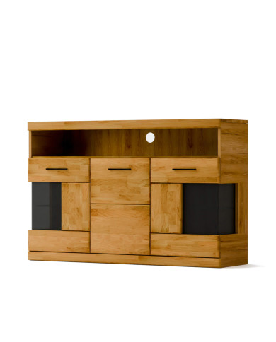 Komoda Raro RE-13, trzydrzwiowa z wnęką, przeszklona, front dąb lity olejowany, SIUDY