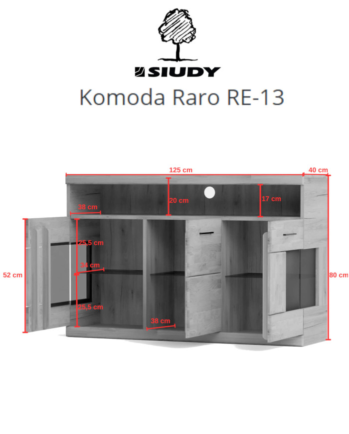 Komoda Raro RE-13, trzydrzwiowa z wnęką, przeszklona, front dąb lity olejowany, SIUDY