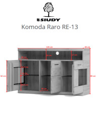 Komoda Raro RE-13, trzydrzwiowa z wnęką, przeszklona, front dąb lity olejowany, SIUDY
