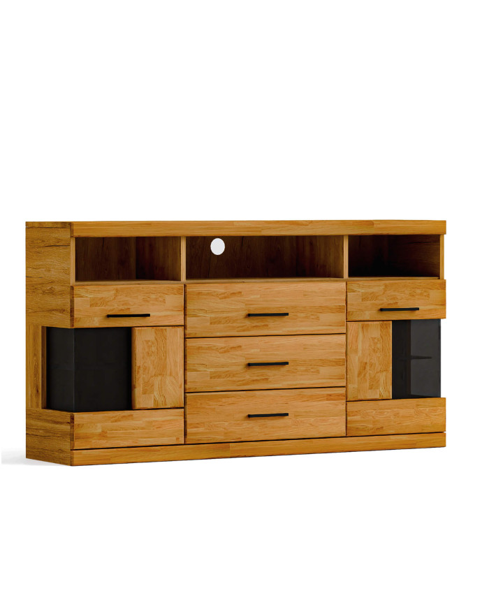 Komoda Raro RE-15, dwudrzwiowa z wnęką i szufladami, przeszklona, front dąb lity olejowany, SIUDY