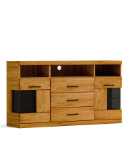 Komoda Raro RE-15, dwudrzwiowa z wnęką i szufladami, przeszklona, front dąb lity olejowany, SIUDY