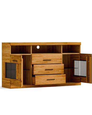 Komoda Raro RE-15, dwudrzwiowa z wnęką i szufladami, przeszklona, front dąb lity olejowany, SIUDY