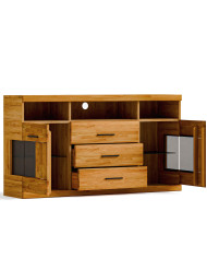 Komoda Raro RE-15, dwudrzwiowa z wnęką i szufladami, przeszklona, front dąb lity olejowany, SIUDY