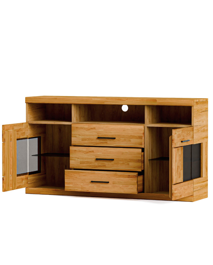 Komoda Raro RE-15, dwudrzwiowa z wnęką i szufladami, przeszklona, front dąb lity olejowany, SIUDY