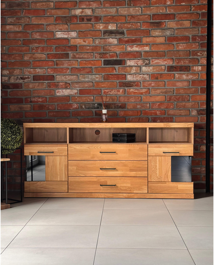 Komoda Raro RE-18, dwudrzwiowa z wnęką i szufladami, przeszklona, front dąb lity olejowany, SIUDY