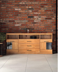 Komoda Raro RE-18, dwudrzwiowa z wnęką i szufladami, przeszklona, front dąb lity olejowany, SIUDY