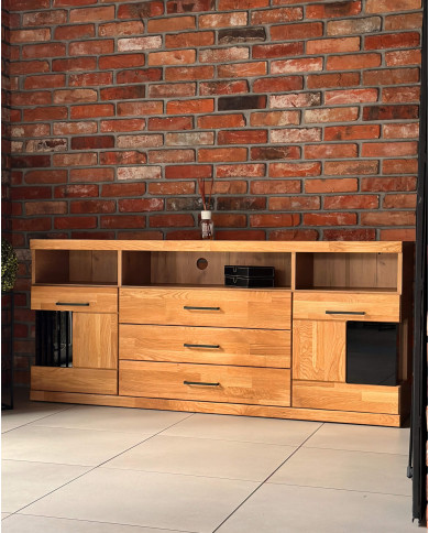 Komoda Raro RE-18, dwudrzwiowa z wnęką i szufladami, przeszklona, front dąb lity olejowany, SIUDY