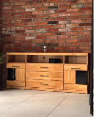 Komoda Raro RE-18, dwudrzwiowa z wnęką i szufladami, przeszklona, front dąb lity olejowany, SIUDY