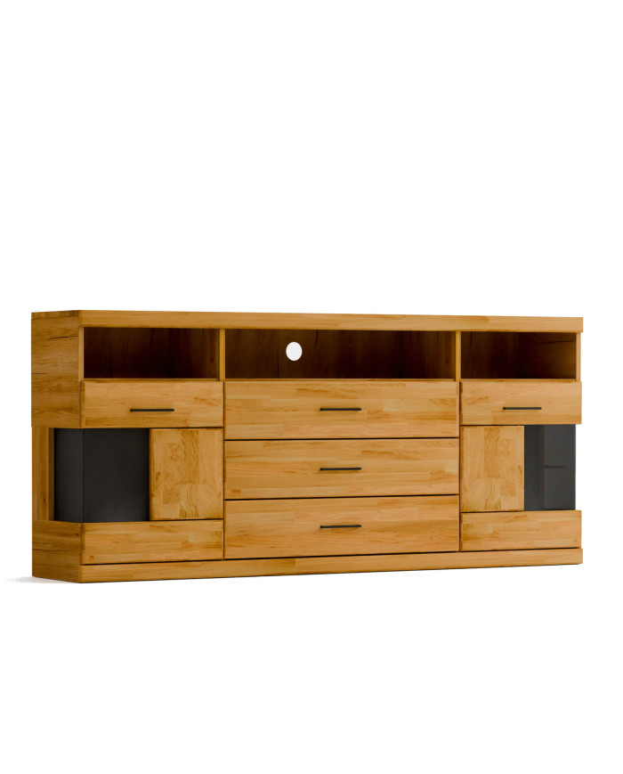 Komoda Raro RE-18, dwudrzwiowa z wnęką i szufladami, przeszklona, front dąb lity olejowany, SIUDY