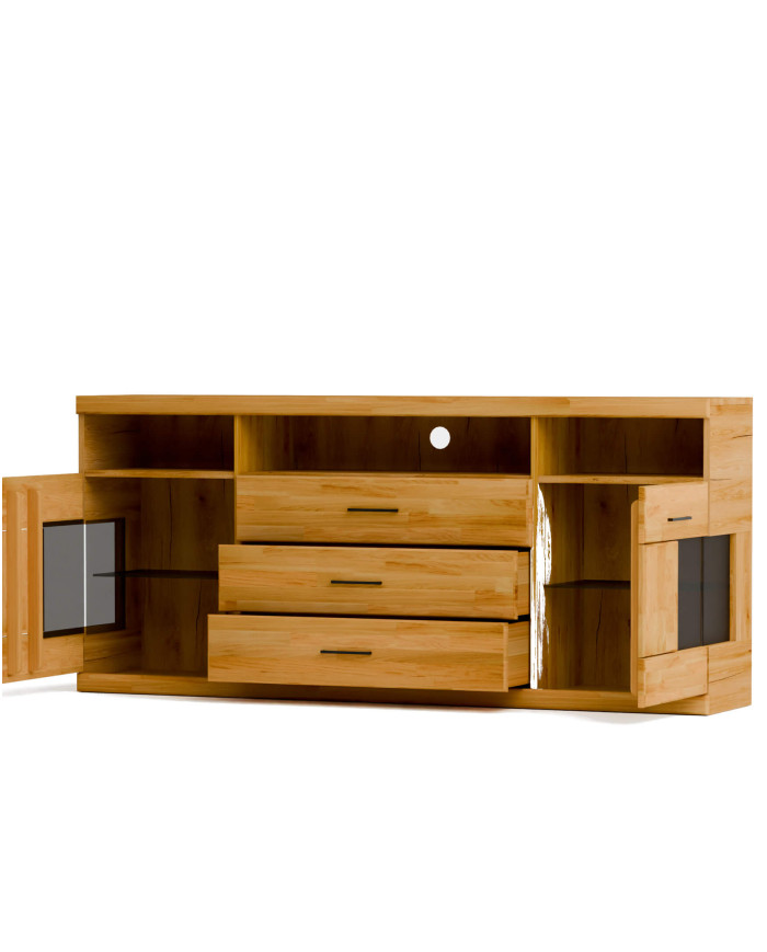 Komoda Raro RE-18, dwudrzwiowa z wnęką i szufladami, przeszklona, front dąb lity olejowany, SIUDY