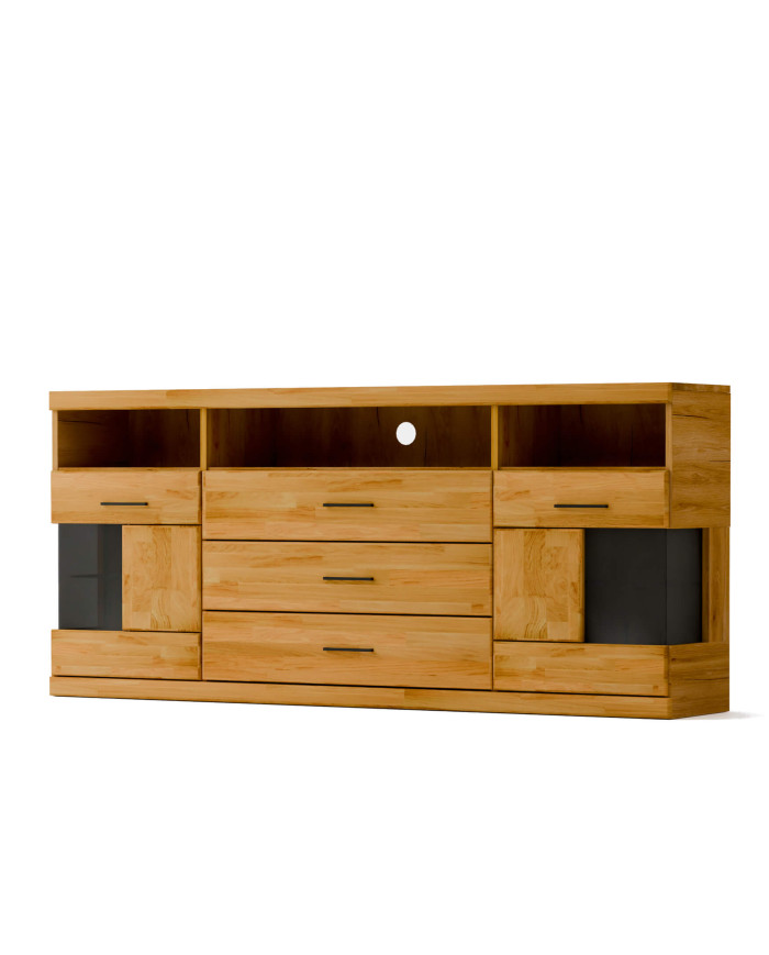 Komoda Raro RE-18, dwudrzwiowa z wnęką i szufladami, przeszklona, front dąb lity olejowany, SIUDY