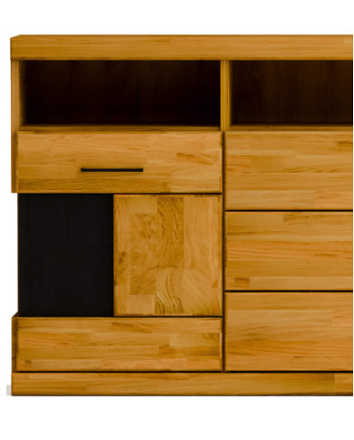 Komoda Raro RE-18, dwudrzwiowa z wnęką i szufladami, przeszklona, front dąb lity olejowany, SIUDY