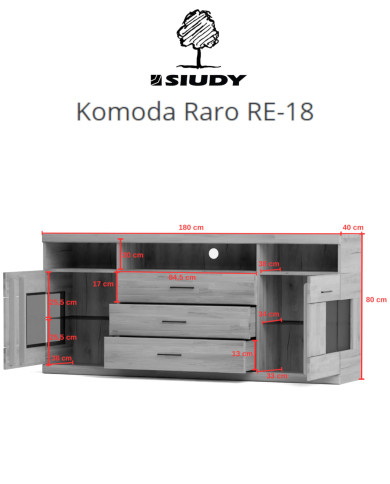Komoda Raro RE-18, dwudrzwiowa z wnęką i szufladami, przeszklona, front dąb lity olejowany, SIUDY