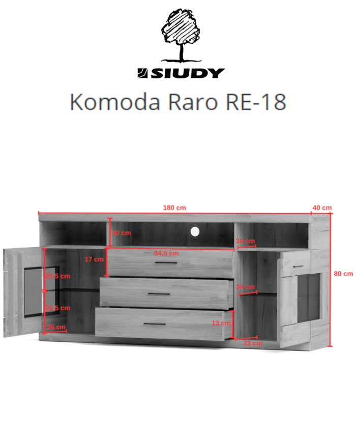 Komoda Raro RE-18, dwudrzwiowa z wnęką i szufladami, przeszklona, front dąb lity olejowany, SIUDY