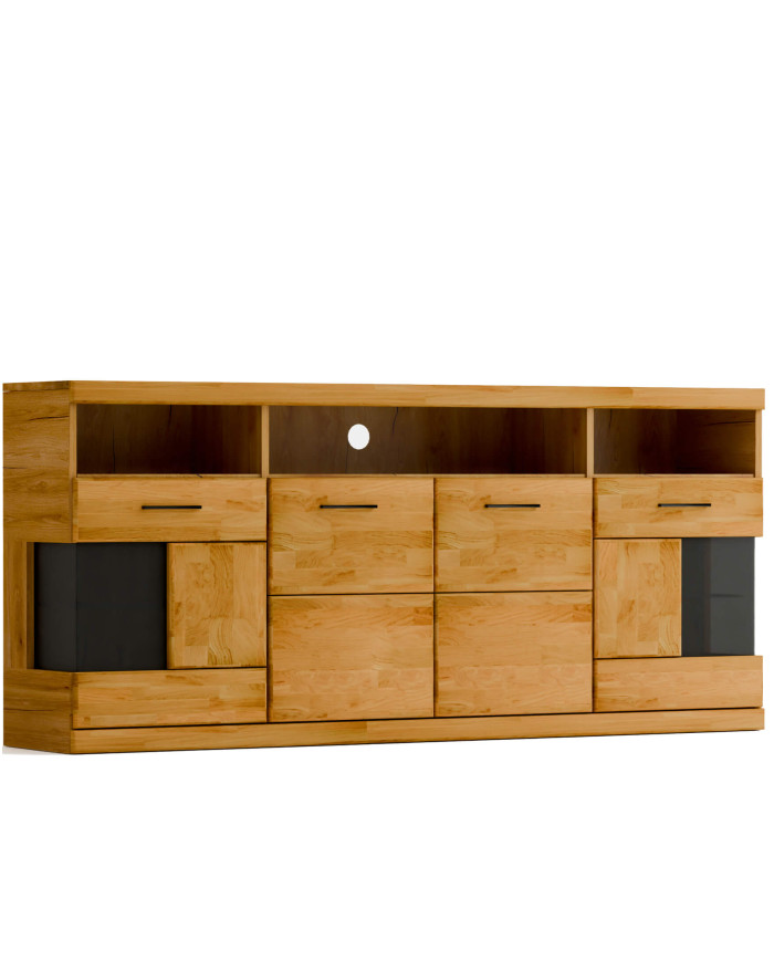 Komoda Raro RE-20, czterodrzwiowa z wnęką regałową, przeszklona, front dąb lity olejowany, SIUDY