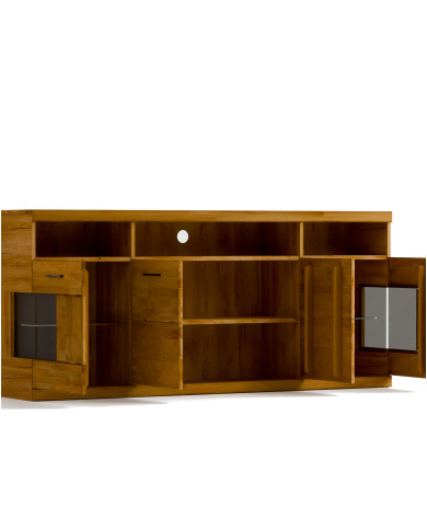 Komoda Raro RE-20, czterodrzwiowa z wnęką regałową, przeszklona, front dąb lity olejowany, SIUDY