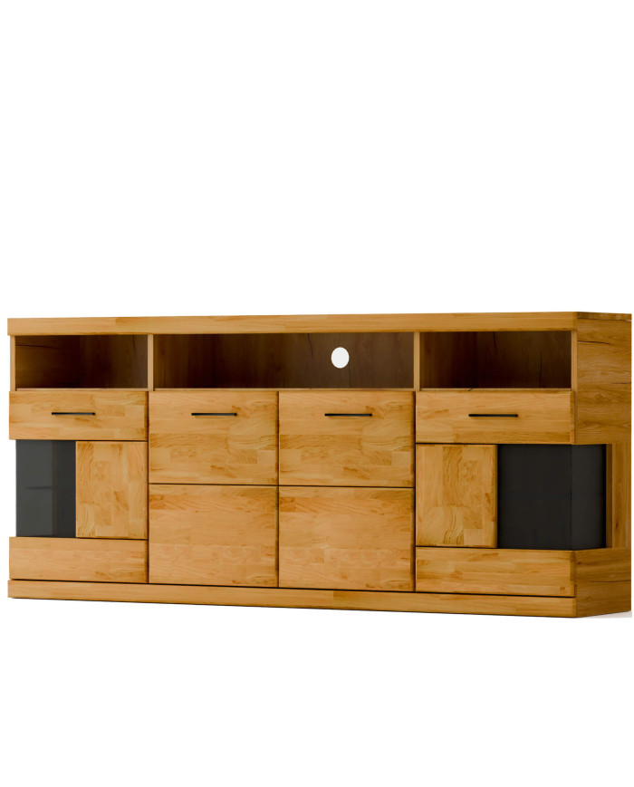 Komoda Raro RE-20, czterodrzwiowa z wnęką regałową, przeszklona, front dąb lity olejowany, SIUDY