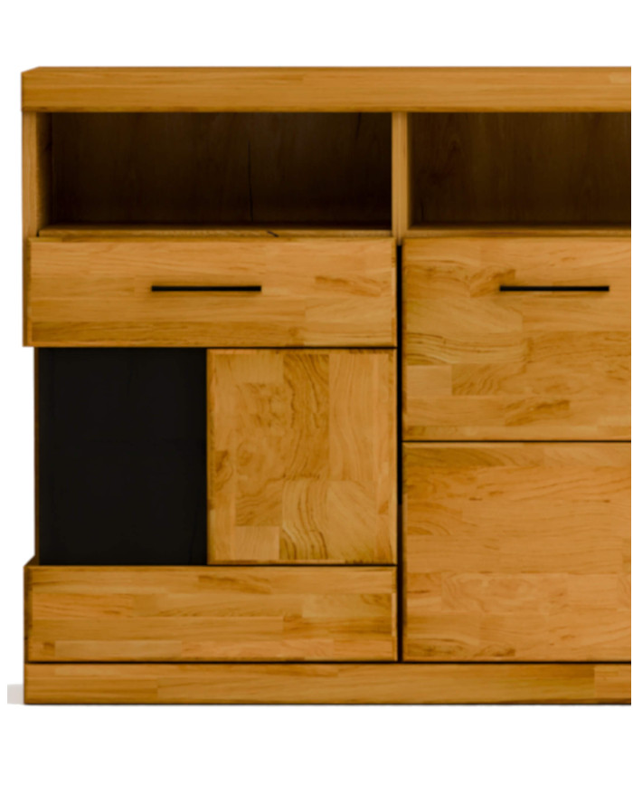 Komoda Raro RE-20, czterodrzwiowa z wnęką regałową, przeszklona, front dąb lity olejowany, SIUDY