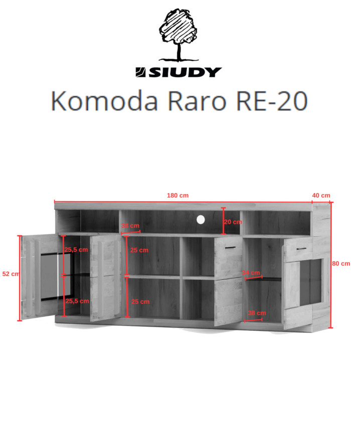 Komoda Raro RE-20, czterodrzwiowa z wnęką regałową, przeszklona, front dąb lity olejowany, SIUDY