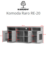 Komoda Raro RE-20, czterodrzwiowa z wnęką regałową, przeszklona, front dąb lity olejowany, SIUDY