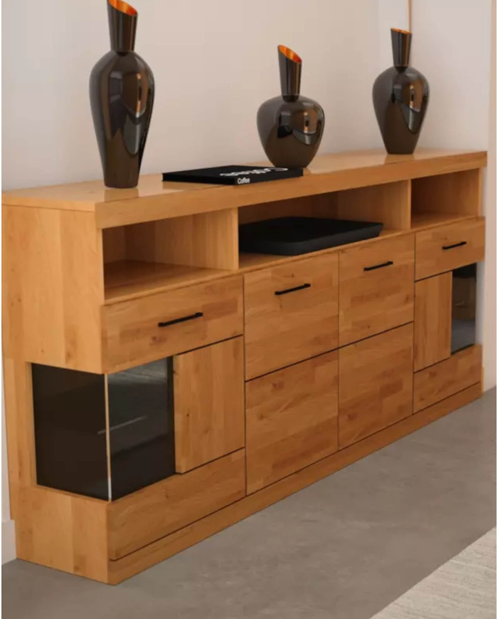 Komoda Raro RE-20, czterodrzwiowa z wnęką regałową, przeszklona, front dąb lity olejowany, SIUDY