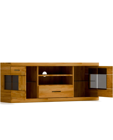 Szafka RTV Raro RE-43, z drzwiami, szufladą i wnęką na sprzęt, front lity dąb olejowany, SIUDY