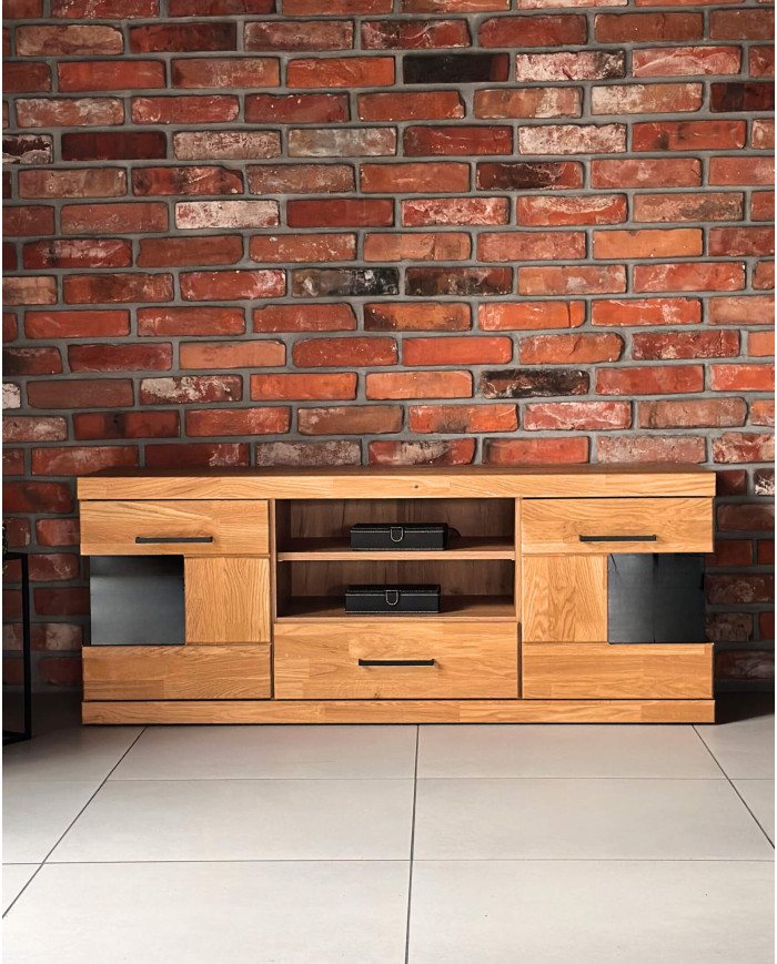 Szafka RTV Raro RE-43, z drzwiami, szufladą i wnęką na sprzęt, front lity dąb olejowany, SIUDY