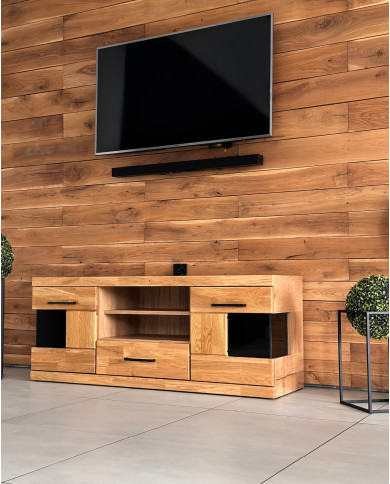 Szafka RTV Raro RE-43, z drzwiami, szufladą i wnęką na sprzęt, front lity dąb olejowany, SIUDY