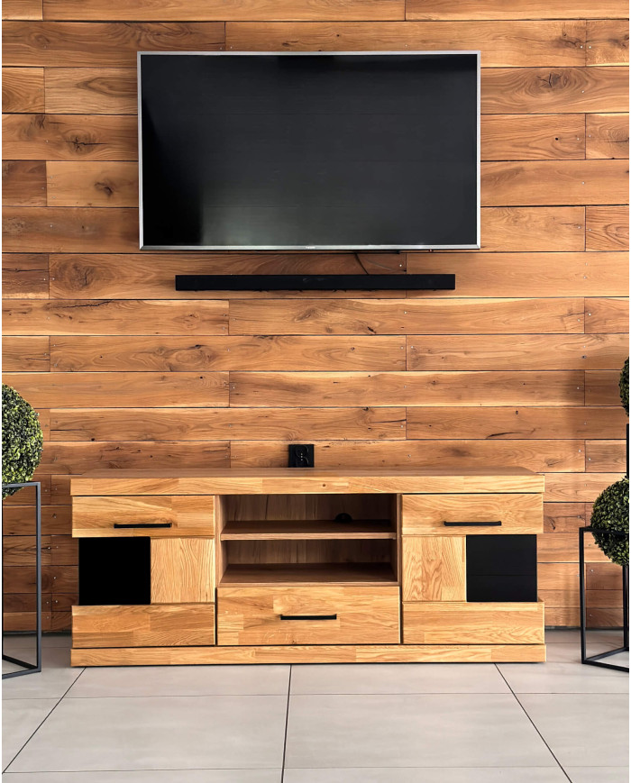 Szafka RTV Raro RE-43, z drzwiami, szufladą i wnęką na sprzęt, front lity dąb olejowany, SIUDY