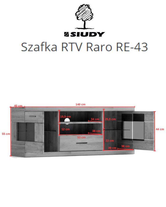 Szafka RTV Raro RE-43, z drzwiami, szufladą i wnęką na sprzęt, front lity dąb olejowany, SIUDY