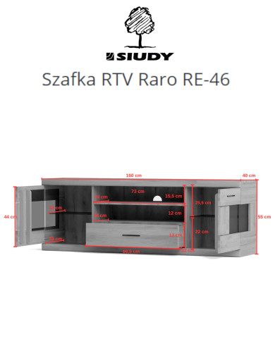 Szafka RTV Raro RE-46, z drzwiami, szufladą i wnęką na sprzęt, front lity dąb olejowany, SIUDY