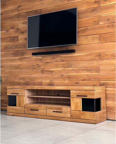 Szafka RTV Raro RE-48, z drzwiami, szufladami i wnęką na sprzęt, front lity dąb olejowany, SIUDY