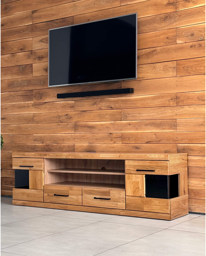 Szafka RTV Raro RE-48, z drzwiami, szufladami i wnęką na sprzęt, front lity dąb olejowany, SIUDY