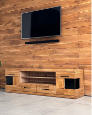 Szafka RTV Raro RE-48, z drzwiami, szufladami i wnęką na sprzęt, front lity dąb olejowany, SIUDY