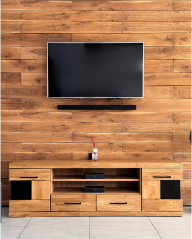 Szafka RTV Raro RE-48, z drzwiami, szufladami i wnęką na sprzęt, front lity dąb olejowany, SIUDY