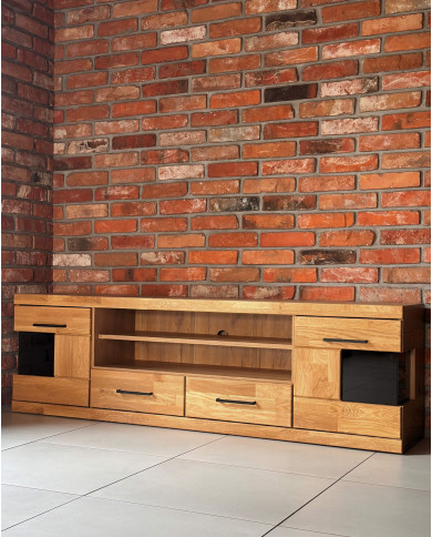 Szafka RTV Raro RE-48, z drzwiami, szufladami i wnęką na sprzęt, front lity dąb olejowany, SIUDY