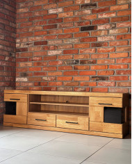 Szafka RTV Raro RE-48, z drzwiami, szufladami i wnęką na sprzęt, front lity dąb olejowany, SIUDY