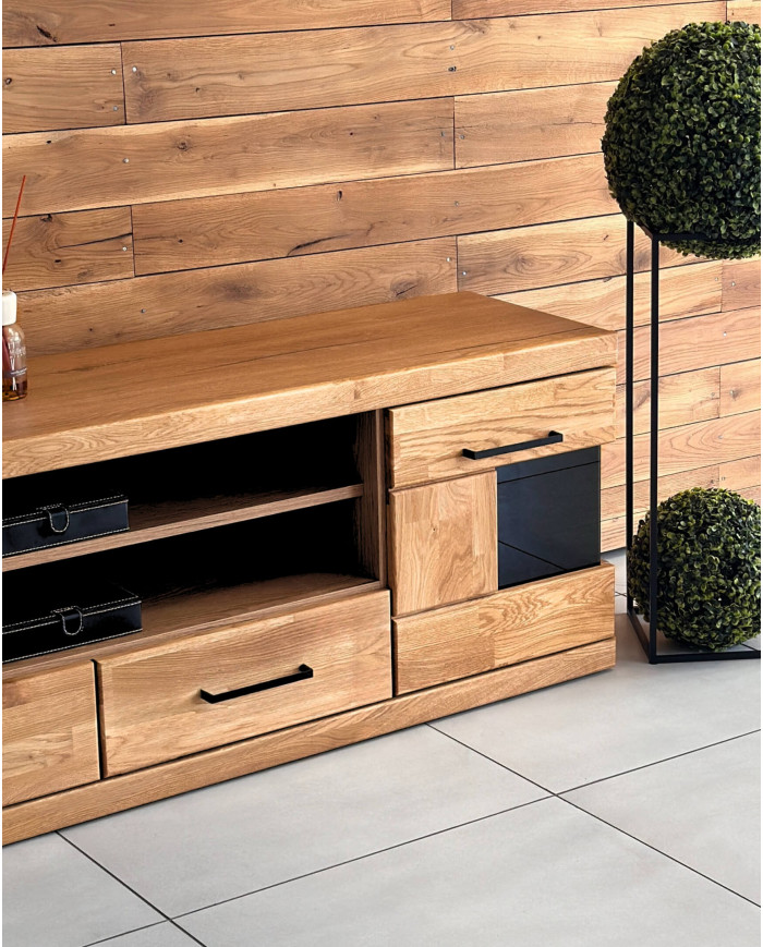 Szafka RTV Raro RE-48, z drzwiami, szufladami i wnęką na sprzęt, front lity dąb olejowany, SIUDY