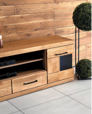 Szafka RTV Raro RE-48, z drzwiami, szufladami i wnęką na sprzęt, front lity dąb olejowany, SIUDY