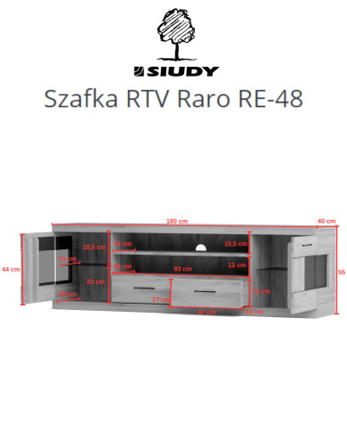 Szafka RTV Raro RE-48, z drzwiami, szufladami i wnęką na sprzęt, front lity dąb olejowany, SIUDY