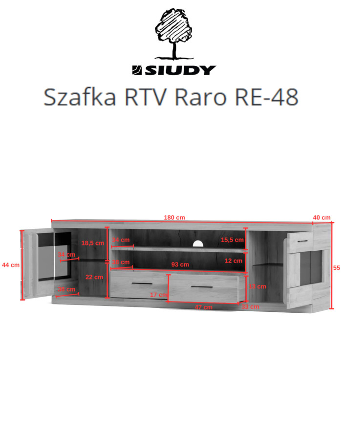 Szafka RTV Raro RE-48, z drzwiami, szufladami i wnęką na sprzęt, front lity dąb olejowany, SIUDY