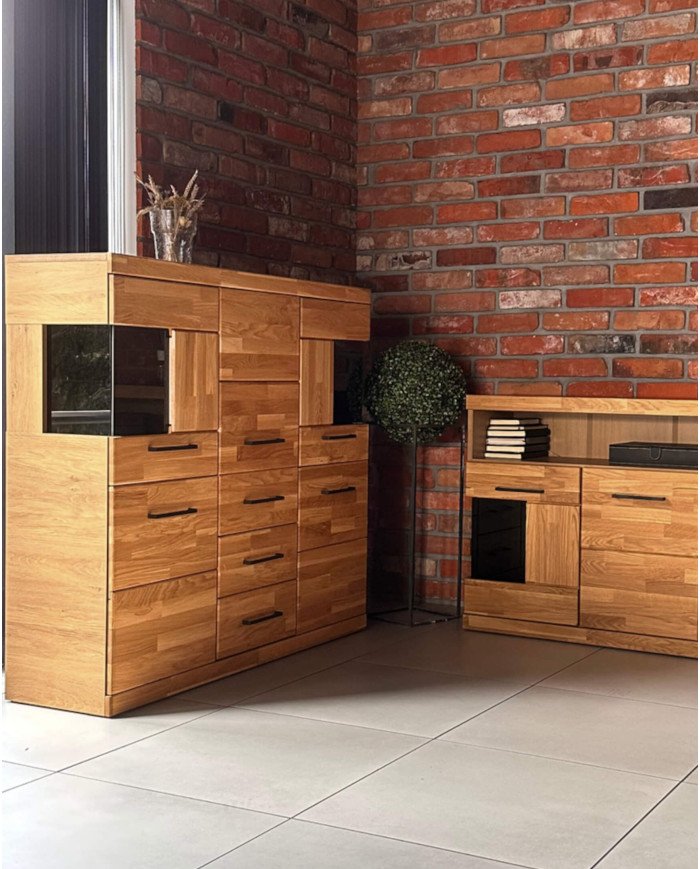 Komoda wysoka Raro RE-81, z drzwiami i szufladami, front lity dąb olejowany, SIUDY