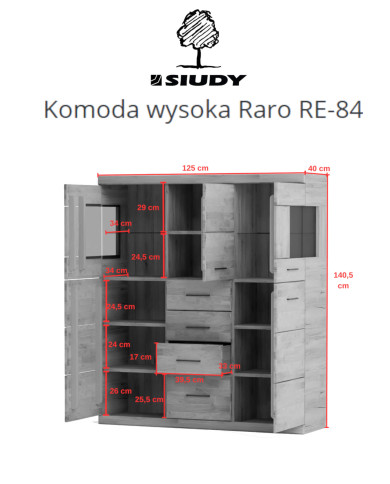 Komoda wysoka Raro RE-84, z drzwiami i szufladami, front lity dąb olejowany, SIUDY