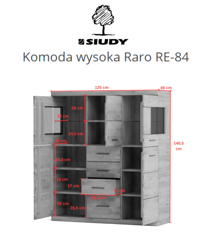 Komoda wysoka Raro RE-84, z drzwiami i szufladami, front lity dąb olejowany, SIUDY