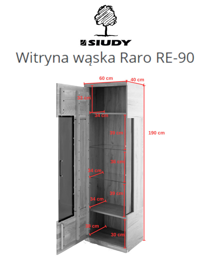 Witryna wąska Raro RE-90, lewa, jednodrzwiowa, przeszklona, front lity dąb olejowany, SIUDY